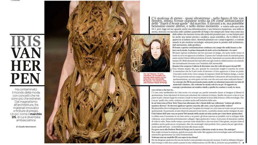 Intervista a Iris Van Herpen su ExtraUrban (rivista automotive di Arnoldo Mondadori Editore)